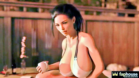Busty anime stepmom with massive tits spilling from sheer white bikini top holds tea cup