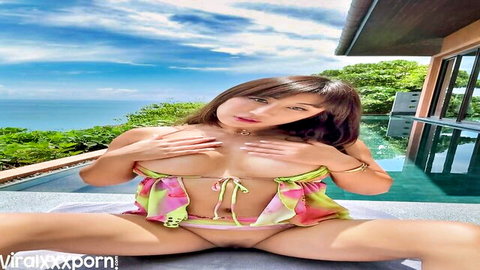 Skinny Asian babe with medium tits spreads legs exposing tight shaved pussy on hotel balcony