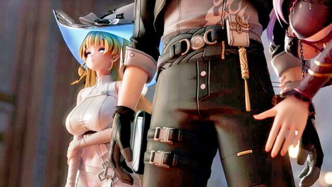 Phoebe and Carlotta in sexy anime outfits, busty blonde poses with gloved model