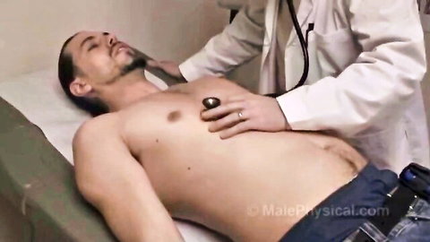 Fit bearded man shirtless during male doctor physical exam