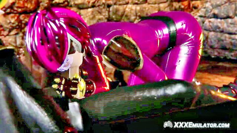 3D Anime Fantasy Girl in Shiny Pink Latex Crouching Seductively
