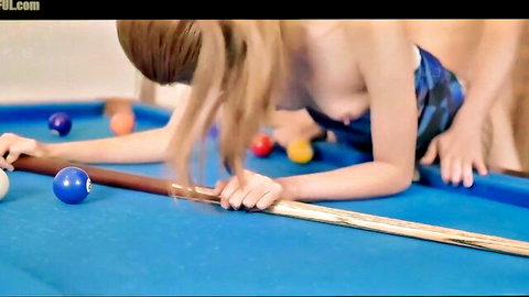 Blonde babe bent over pool table with tits spilling out as guy gropes her ass