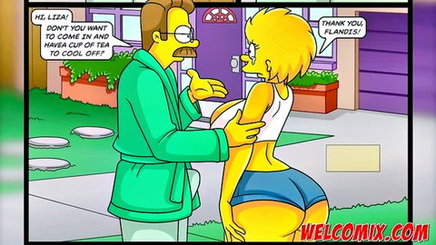 Simpsons parody blonde babe in crop top and tiny shorts teases Ned Flanders with her juicy ass at the door