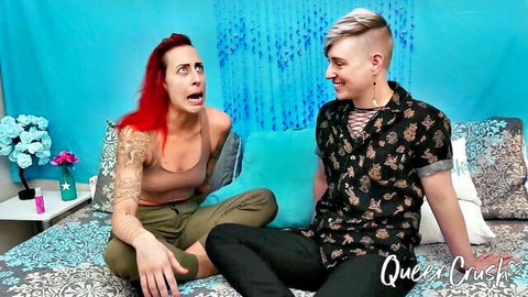 Andre Shakti and Jaq Quicksilver in funny queer couple chat, redhead tattooed woman surprised