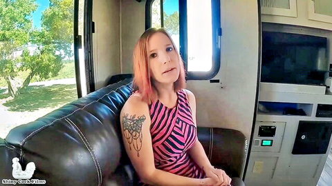 Jane Cane in pink zigzag dress, redhead stepmom in RV begging scene