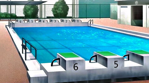 Empty anime-style outdoor swimming pool with clear blue water, lane markers, and green diving blocks
