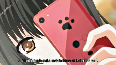 Hentai anime girl with black hair holding red iPhone selfie close-up