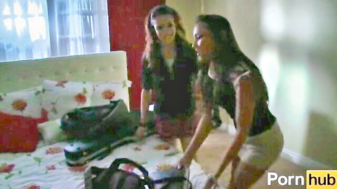 Aiden Ashley and Celeste Star in amateur sensual tease, brunette bending over bed