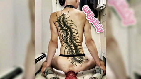Jaykinky squatting with centipede back tattoo, anal dildo penetration in black thong lingerie