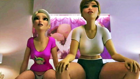 3D anime futanari mommy and sweet girl in pink and white outfits