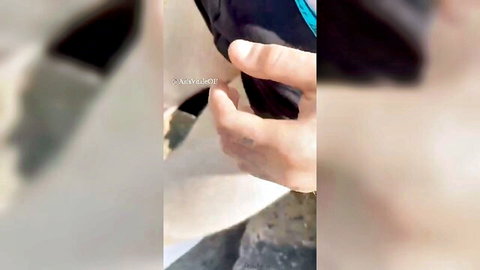 Tattooed hand gripping hard cock with shorts pulled aside on public beach