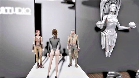 3D CGI brunette model in shiny gray bodysuit exposing bare ass cheeks on runway with man and woman