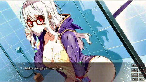 Busty white-haired anime girl with red glasses exposes huge tits in open purple hoodie