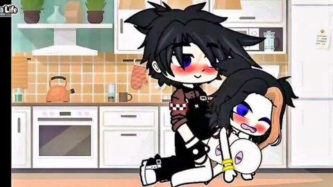 Gacha-style black-haired guy intimately hugging white-haired girl on his lap