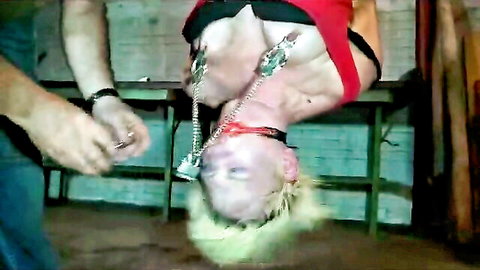 Screaming blonde in brutal nipple torture suspension bondage