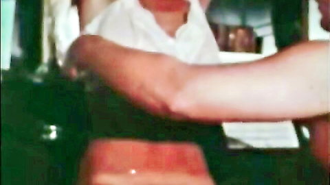 Vintage babe with super huge tits in open white shirt giving blowjob