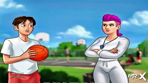 Anime teen boy with basketball and pink-haired milf in tracksuit on court