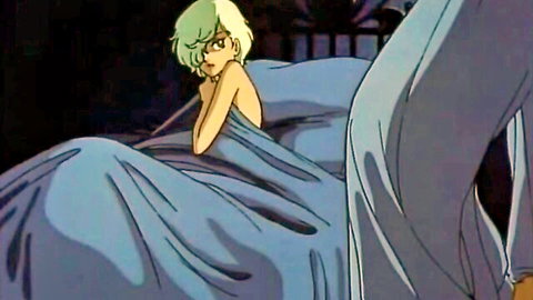 Anime yaoi scene: Green-haired boy with glasses nude in bed under sheets, approached by partner