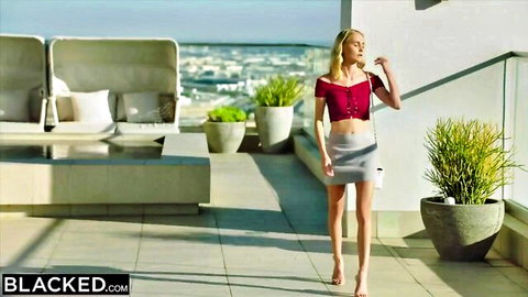 BBC-hungry blonde in red crop top and mini skirt on rooftop balcony