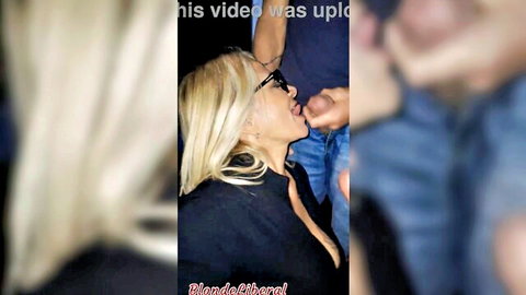 Blonde wife sucks cock in porn theater, cumshot on face amateur video