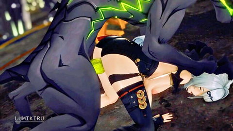Silver-haired anime girl dominated by ethereal beast in intense hentai encounter