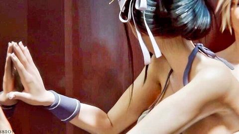 Animated Tifa Lockhart in blue bikini high-fiving at Costa Del Sol beach
