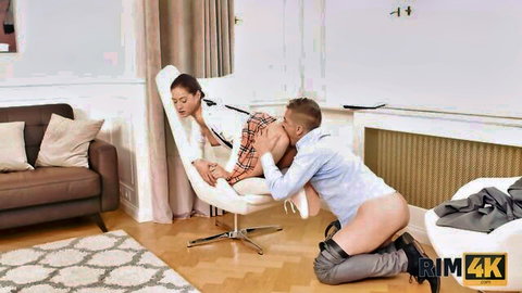 Asian coed in plaid skirt rims angry husband's ass to calm him