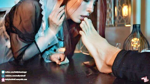 MollyRedWolf in sheer maid outfit teases with bare foot in punishment scene