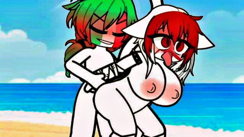 Hentai anime lesbian couple on beach, catgirl with big tits groped