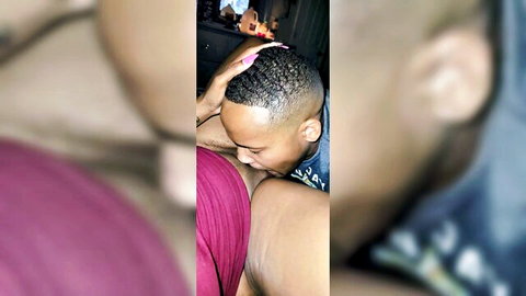 Ebony couple in intense cunnilingus with leg-shaking orgasm climax