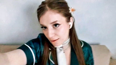Vellarecupero shy 18yo skinny camgirl in green satin top with choker, natural beauty