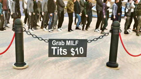 Long line of horny men queuing to pay $10 and grab MILF tits at velvet rope booth