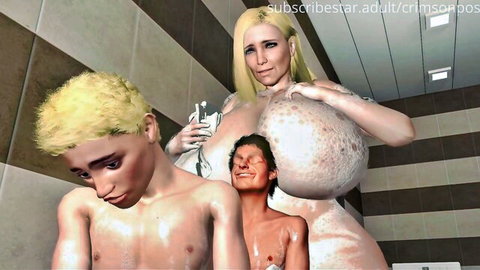 Busty blonde MILF with massive lactating tits suckled by nude twink boy in shower