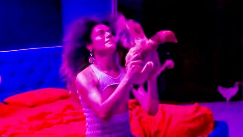 Nataly Rocha in tank top holding chicken in erotic Motel Destino scene