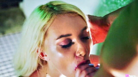 Skinny tanned blonde with small tits sucking cock in intense closeup blowjob