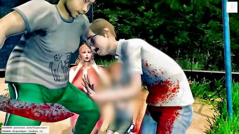 Hentai men in bloody clothes assault horrified pink-haired girl holding severed limb