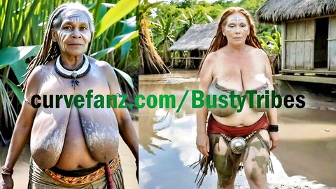 Artemis Athena busty redhead and saggy tribal breasts in jungle
