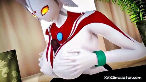 3D animated Ultrawoman exposing massive breasts in erotic bearhug pose
