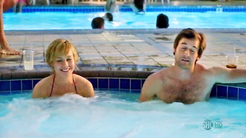 Brie Larson and Toni Collette in bikinis with man in hot tub, United States of Tara