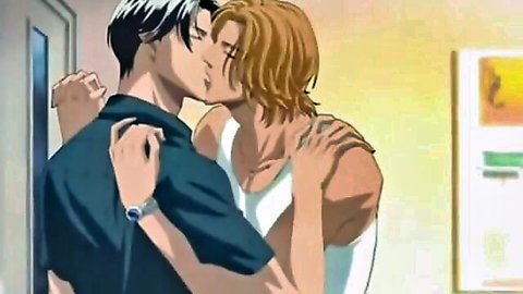 Anime yaoi scene from Haru Wo Daiteita: two muscular men passionately kissing