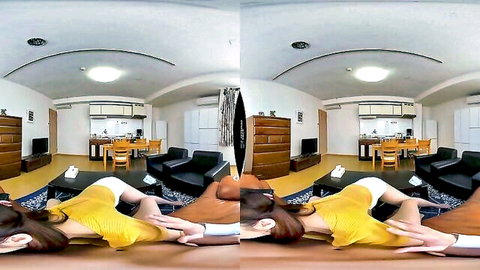 Japanese housewife on living room floor ass up exposing shaved pussy grabbed by hands POV VR