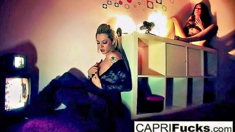 Capri Cavanni in black lingerie with brunette, lesbian fingering preview