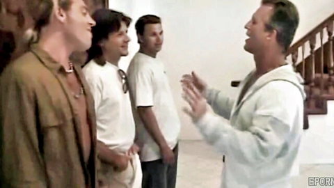 Vintage gay group scene with four handsome men in casual attire