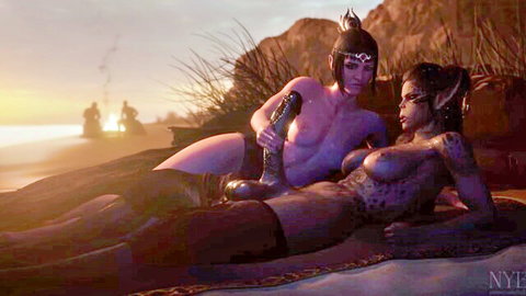 Tattooed dark elf babe with big tits gets huge dildo inserted into pussy by muscular nude elf male on sunset beach
