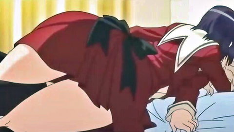 Hentai babe in red skirt lying ass up on bed exposing tight white panties