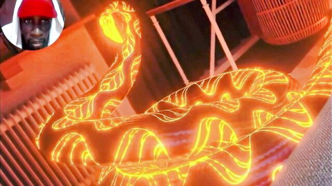 Glowing neon yellow snake coiled around metal railing in 3D CGI horror scene with intense black man in red hat portrait