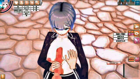 Hentai schoolgirl with huge bouncy tits gripping thick red dildo between breasts
