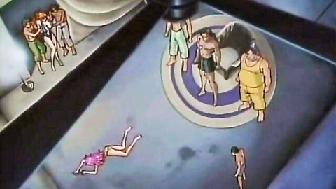 Hentai girl in pink bikini lies spread-legged surrounded by swimsuit men at pool
