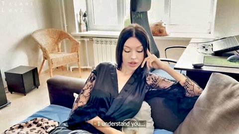 Seductive brunette in black lace silk robe lounging on bed, cheating fantasy