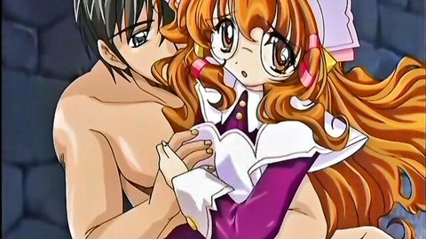 Anime maid with orange hair and glasses embraces shirtless man intimately